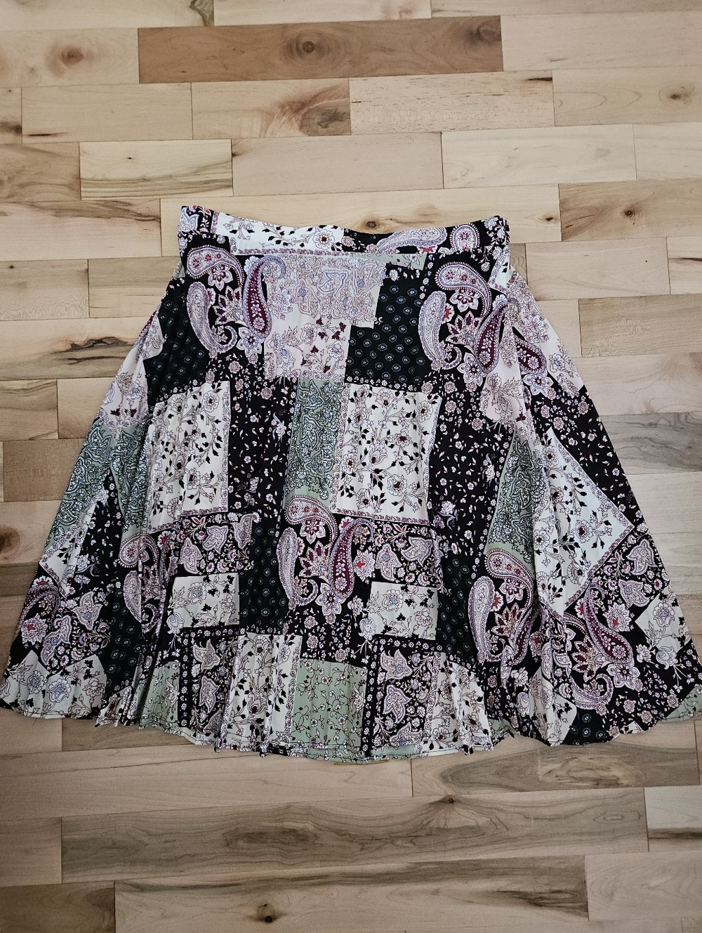 Reitmans Patchwork Paisley Circle Skirt in Black, Pink and Cream